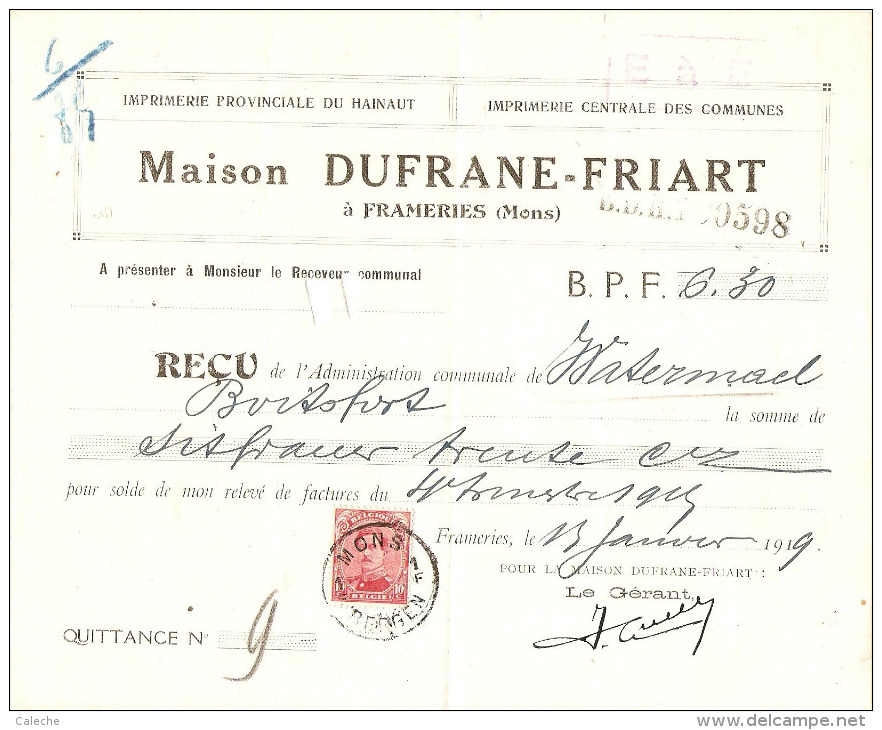 Mons 1F- Reçu Imprimerie Provinciale Du Hainaut -Maison DUFRANE-FRIART à Frameries(Mons) - Fortune (1919)