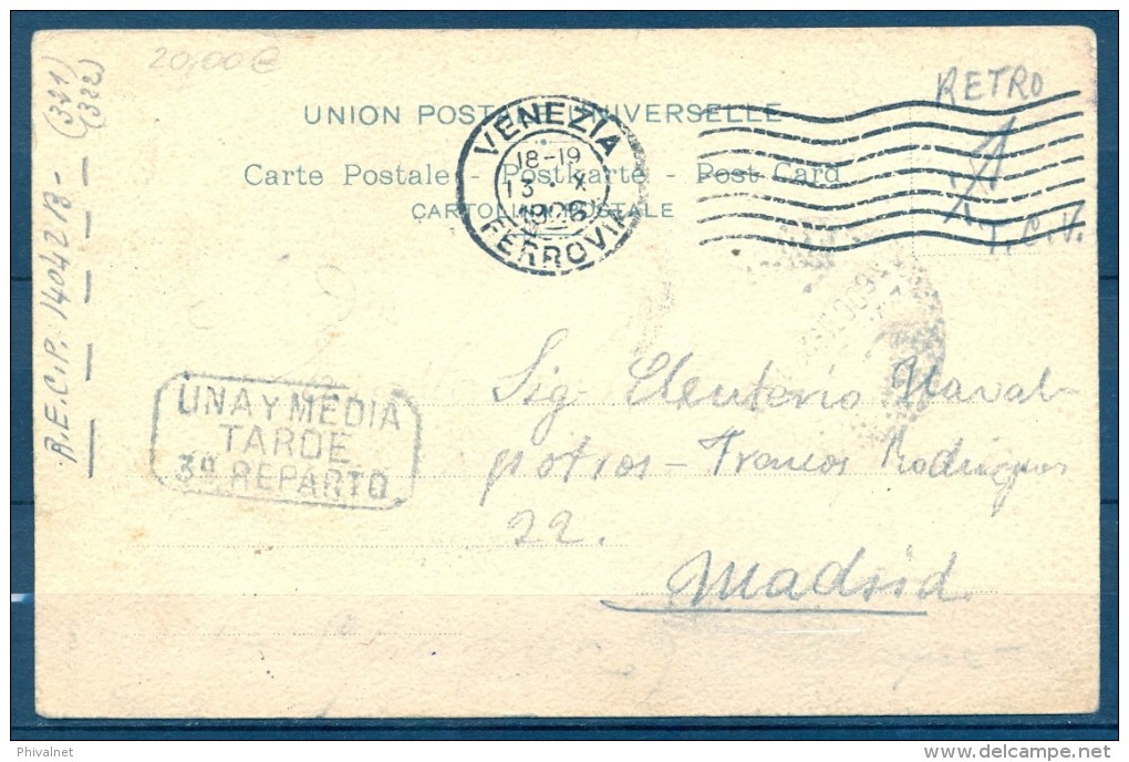 1926 , VENECIA - MADRID , TARJETA POSTAL , MARCA " UNA Y MEDIA TARDE / 3º REPARTO " - Cartas & Documentos