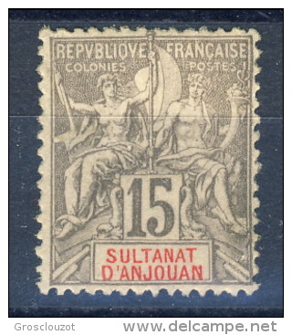 Anjouan Protettorato Francese 1900-07 Tipi Sage N. 15 C.15 Grigio *MH Catalogo € 35 - Autres & Non Classés