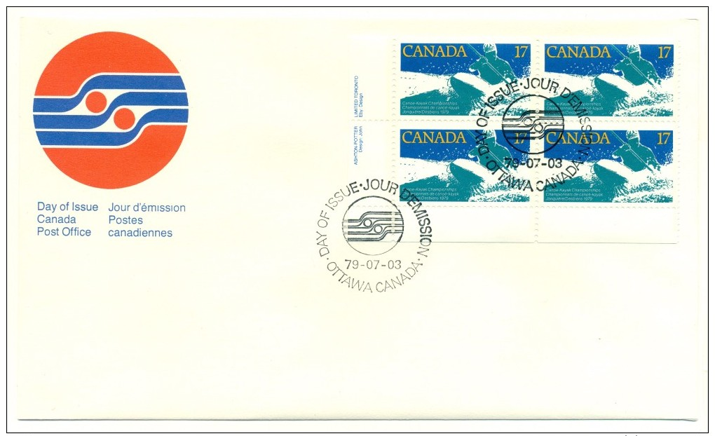 1979 Canada Canoe-Kayak Championships 17c Plate Block First Day Cover - 1971-1980