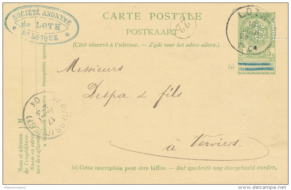 083/24 - Entier Postal Armoiries PERFORE S.L. LOTH 1904 - Cachet Société Anonyme De Loth - 1863-09