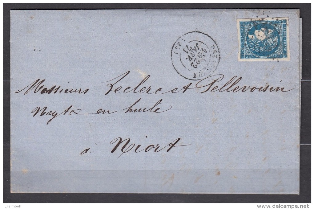 LAC N45 R3 Bleu Foncé Perigueux-Niort Janvier 1871. Cote 185€ - 1870 Ausgabe Bordeaux