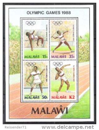 Malawi 1988 Sport Spiele Olympia Olympics Olympische Sommerspiele Seoul Leichtathletik Tennis Speer Kugel, Bl. 68 ** - Malawi (1964-...)