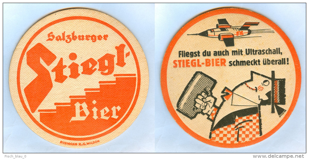 2) Bierdeckel Österreich Salzburg Stiegl Bier Salzburger Flugzeug Ultraschall Beermat Austria Ruhmann Wildon Bierfilz - Portavasos