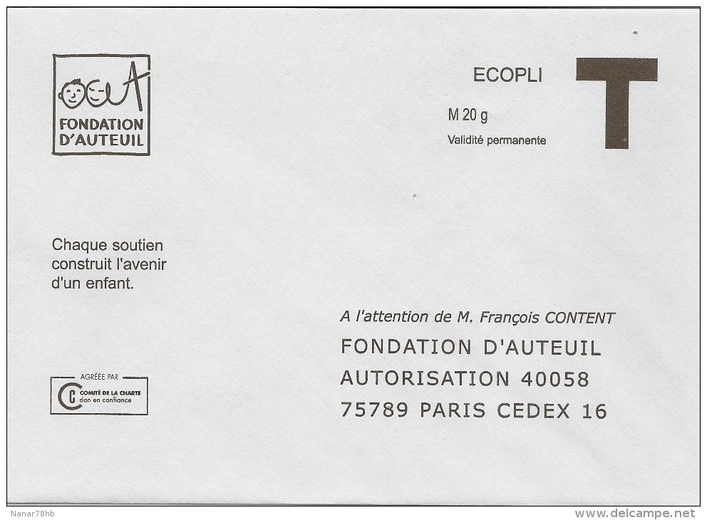 Enveloppe Réponse T Fondation D'Auteuil - Karten/Antwortumschläge T