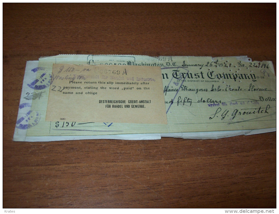 The Old Bank Check - USA, Washington - Kingdom Yugoslavia - Deutsche Oesterreich - Cheques & Traveler's Cheques