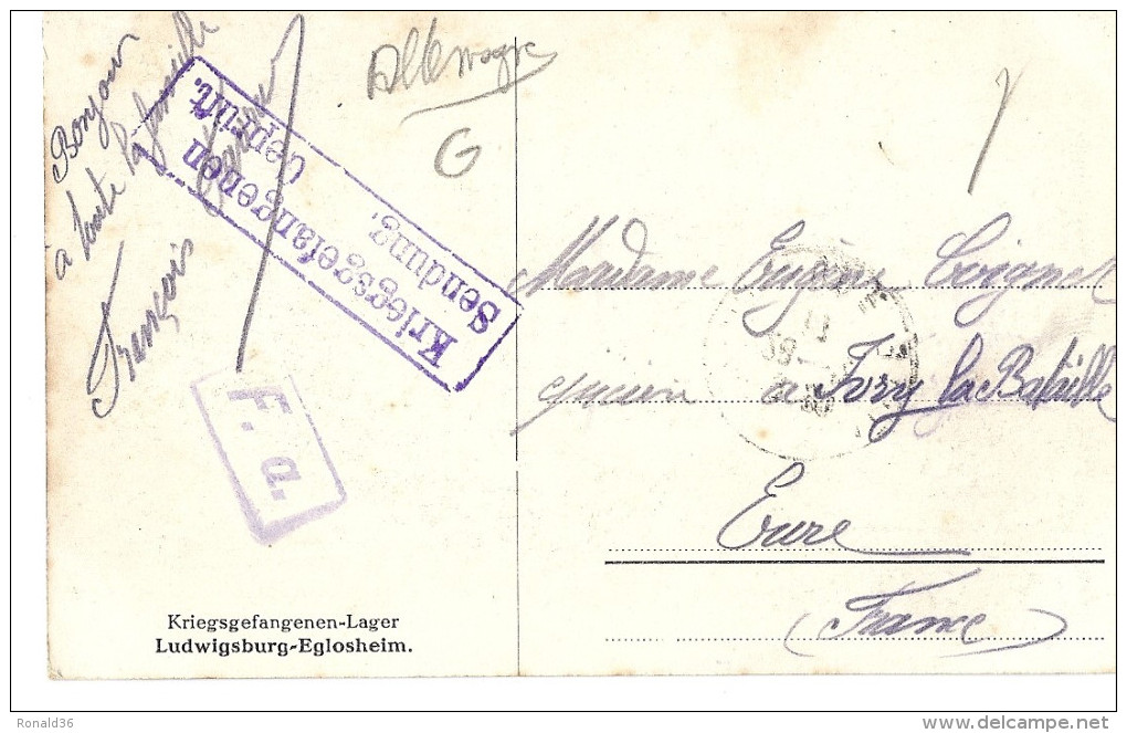 CP ALLEMAGNE LUDWIGSBURG EGLOSHEIM KRIEGSGEFANGENEN LAGER ( Franchise Postale Militaire FM Cachet  ) - Ludwigsburg