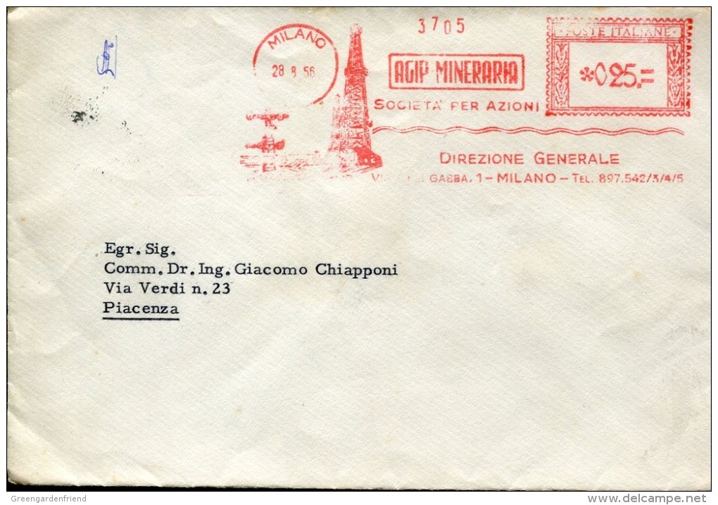 3646 Italia,  Red Meter Freistempel, 1956 Milano, Circuled Cover, Agip Mineraria - Macchine Per Obliterare (EMA)