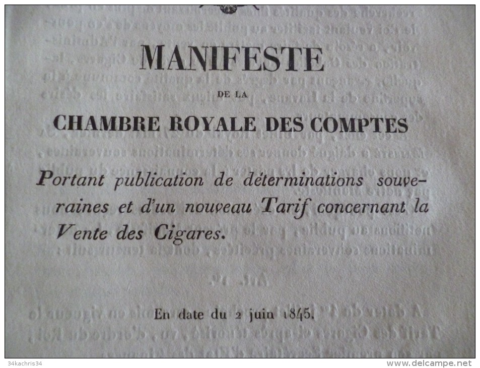 Manifeste De La Cour Royale Des Comptes N°340. 02/06/1845. Tarif Concernant La Vente Des Cigares.6 Pages Non Découpées - Gesetze & Erlasse