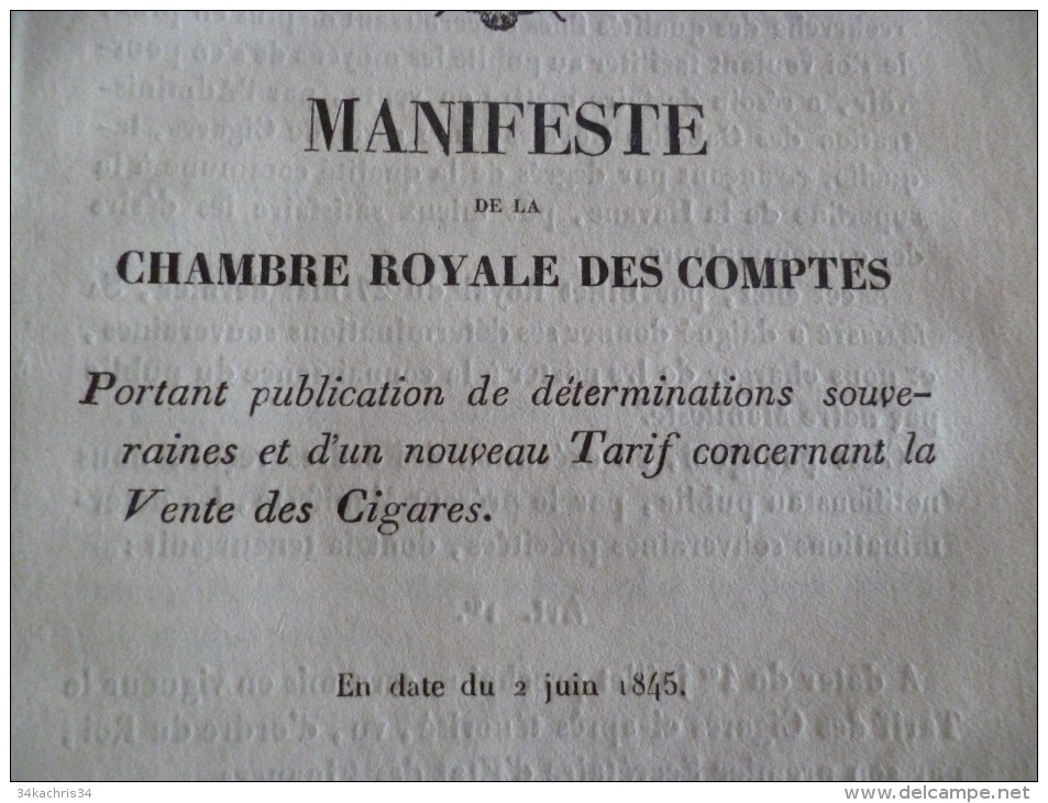 Manifeste De La Cour Royale Des Comptes N°340. 02/06/1845. Tarif Concernant La Vente Des Cigares.6 Pages Non Découpées - Décrets & Lois