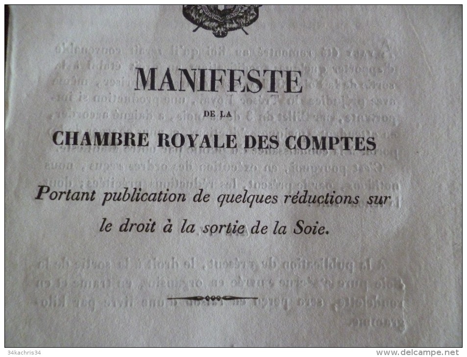 Manifeste De La Cour Royale Des Comptes N°344. 05/07/1845. Réduction Sur Le Droit De Sortie De La Soie. 3 Pages - Gesetze & Erlasse