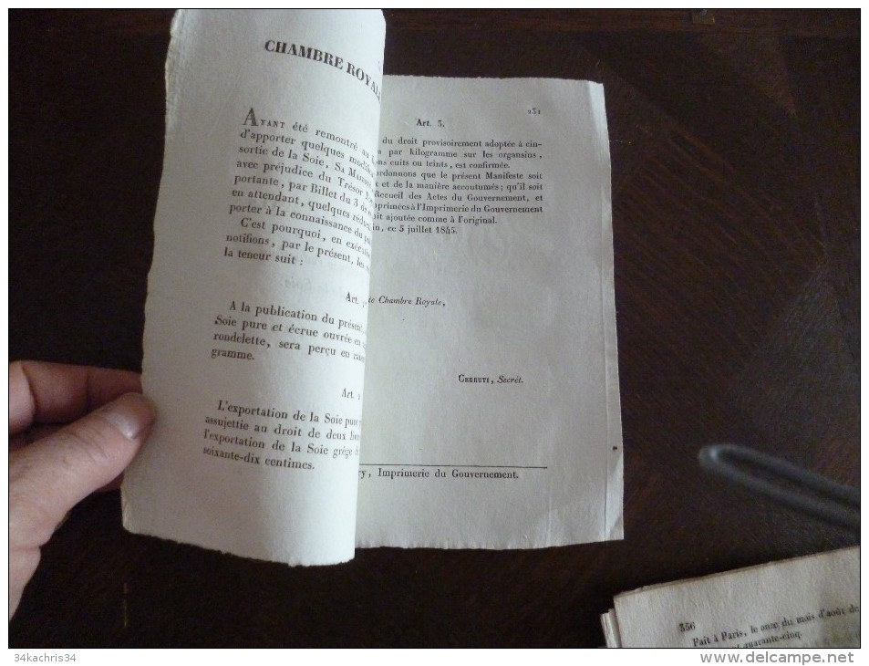 Manifeste De La Cour Royale Des Comptes N°344. 05/07/1845. Réduction Sur Le Droit De Sortie De La Soie. 3 Pages - Gesetze & Erlasse