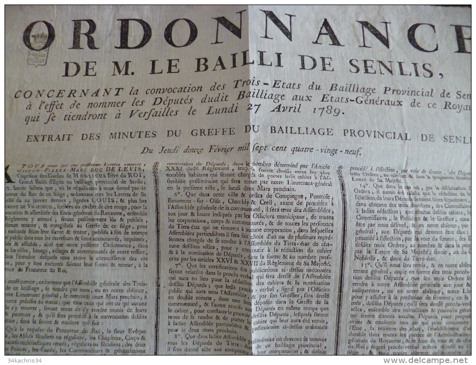 Affiche Placard Ordonnance De M. Le Bailli De Senlis. 27/04/1789 Convocation Des Trois Etats. Révolution. Lefebvre - Décrets & Lois