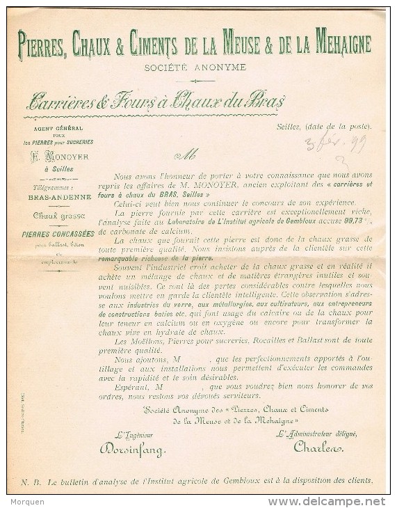 16288. Carta Imprimées SEILLES (Belgien) 1899, Pierres Carrieres Chaux De Bras. - 1905 Barbas Largas