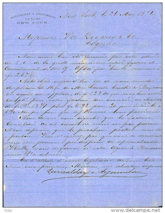 1876- New-York - Zucalday & Arguimbau - 26/5/1876 - New-York - Lettre Découpée Partie Supérieure Droite - Voir(2 Scans). - …-1845 Prephilately