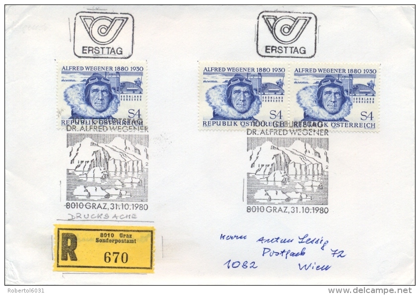 Austria 1980 Registered FDC Centenary Of The Birthday Of Alfred Wegener Geologist And Polar Explorer - Explorateurs & Célébrités Polaires