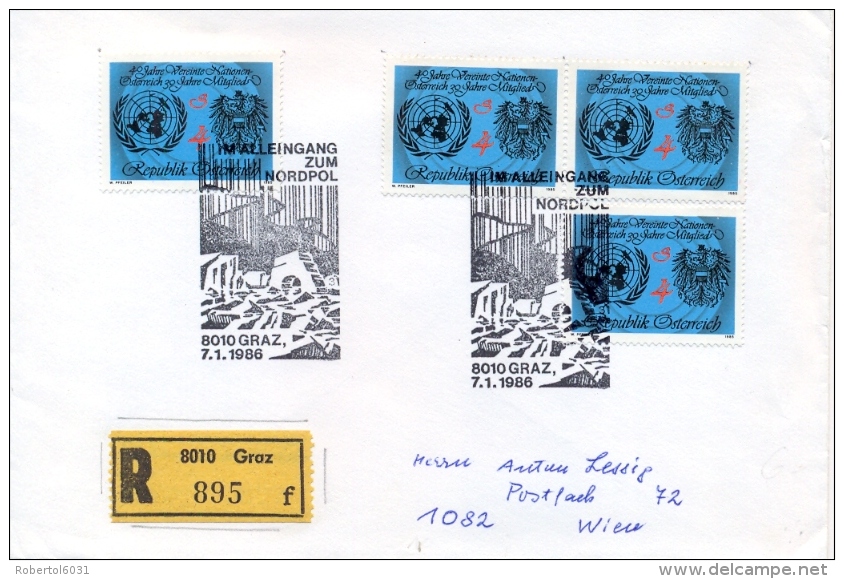 Austria 1986 Registered Cover From Graz With Special Cancel Alone To The North Pole On 4 X 4 S. + 3 S. + 50 G. - Expéditions Arctiques