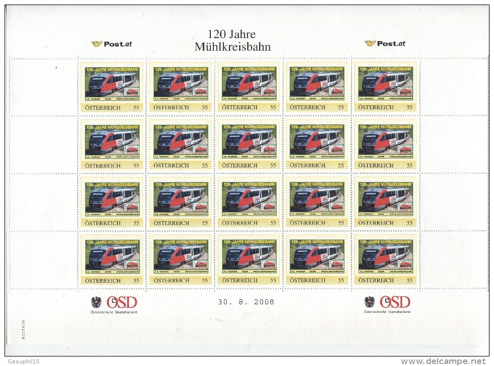 ÖSTERREICH / PM Nr. 8021078 / Ganzer Bogen 120 Jahre Mühlkreisbahn / Postfrisch / MNH / ** - Personalisierte Briefmarken