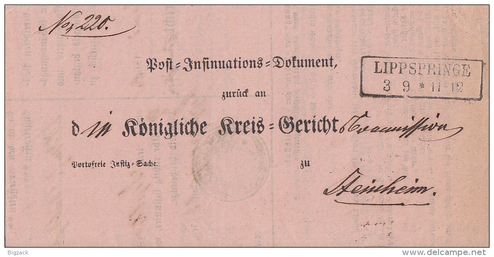 Preussen Post-Dokument Gel. Von R2 Lippspringe Am 3.9.1866 Nach Steinheim - Sonstige & Ohne Zuordnung