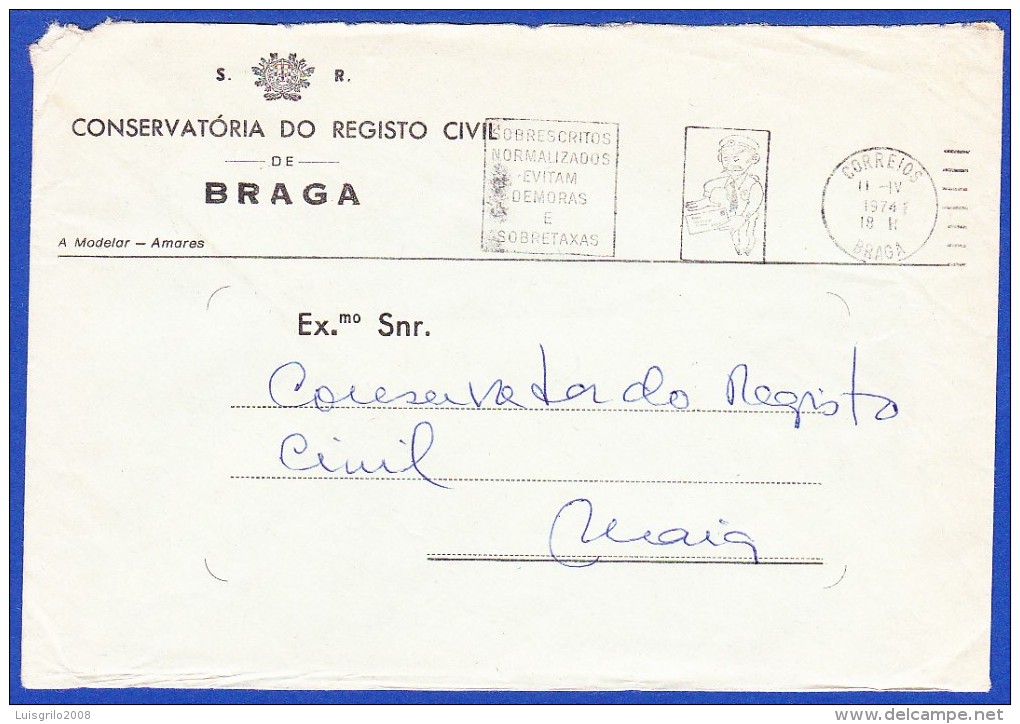 ISENTO DE FRANQUIA -- FLÂMULA - SOBRESCRITOS NORMALIZADOS EVITAM DEMORAS E SOBRETAXAS .. Carimbo - Braga, 1974 - Storia Postale