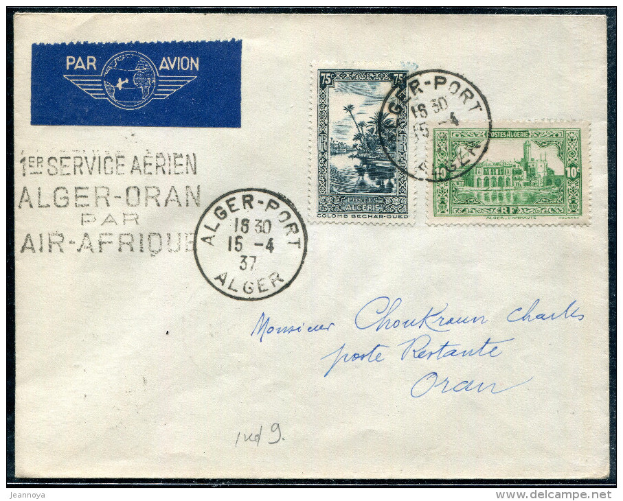 ALGERIE - N° 105 + 114 / LETTRE AVION " 1 Er. VOL ALGER-ORAN PAR AIR AFRIQUE LE 15/4/1937 " - TB - Airmail