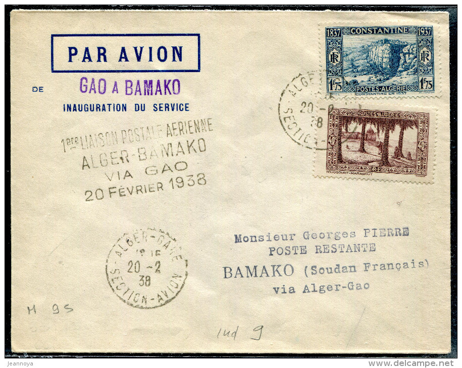 ALGERIE - N° 110 + 133 / LETTRE AVION " 1 Er. VOL ALGER-BAMAKO VIA GAO LE 20/2/1938 " - TB - Airmail