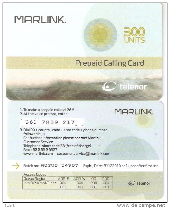 Norway-Marlink Satellite Prepaid Card 300 Units, Exp.date 31/12/2010, Used - Noorwegen