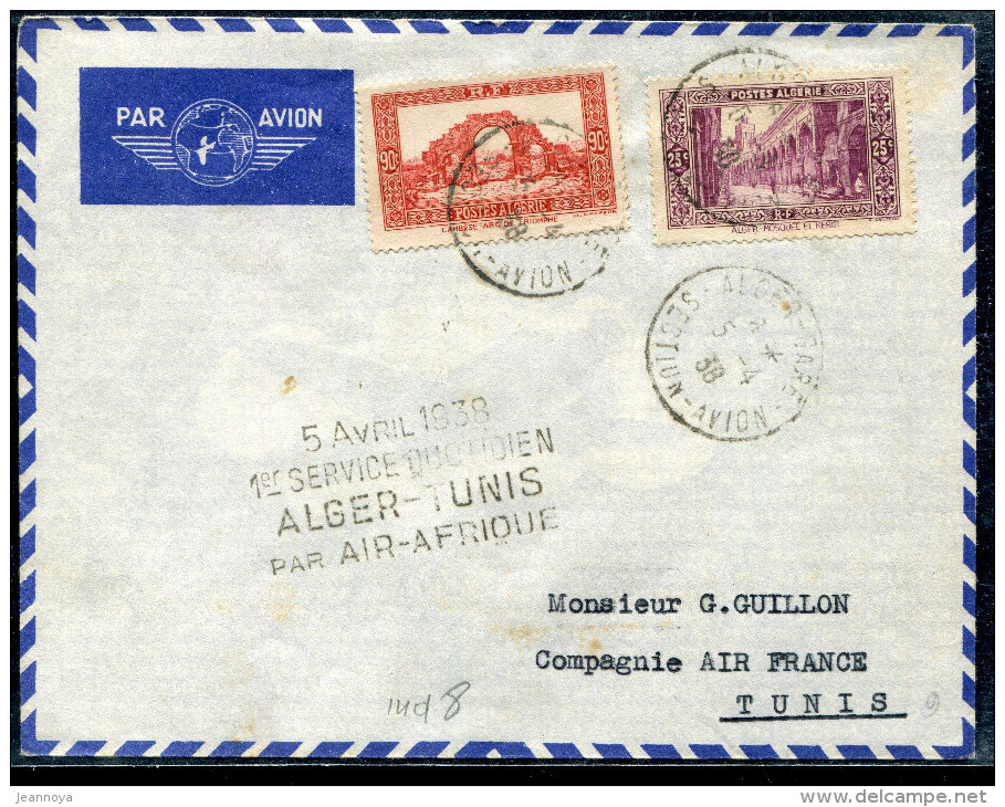 ALGERIE - N° 108 + 115 / LETTRE AVION " 1 Er. SERVICE QUOTIDIEN ALGER-TUNIS LE 5/4/1938 " - TB - Airmail