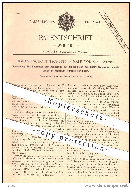 Original Patent - Johann Schott - Tscheten , Mariuyol , Russland , 1896 , Fahrrad , Fahrradrahmen , Sattel , Fahrräder - Historische Dokumente