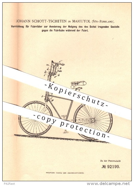 Original Patent - Johann Schott - Tscheten , Mariuyol , Russland , 1896 , Fahrrad , Fahrradrahmen , Sattel , Fahrräder - Historische Dokumente