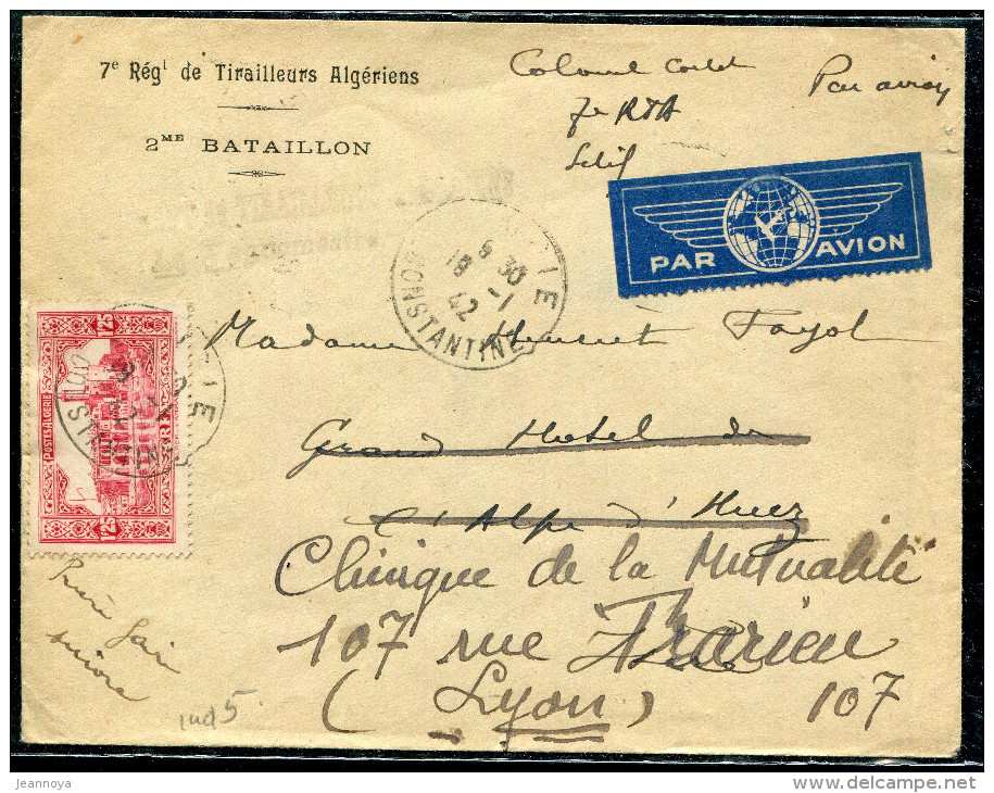 ALGERIE - N° 140 / LETTRE AVION EN F.M. DE BOUGIE LE 19/1/1942 POUR L'ALPE D'HUEZ PUIS LYON - TB - Airmail