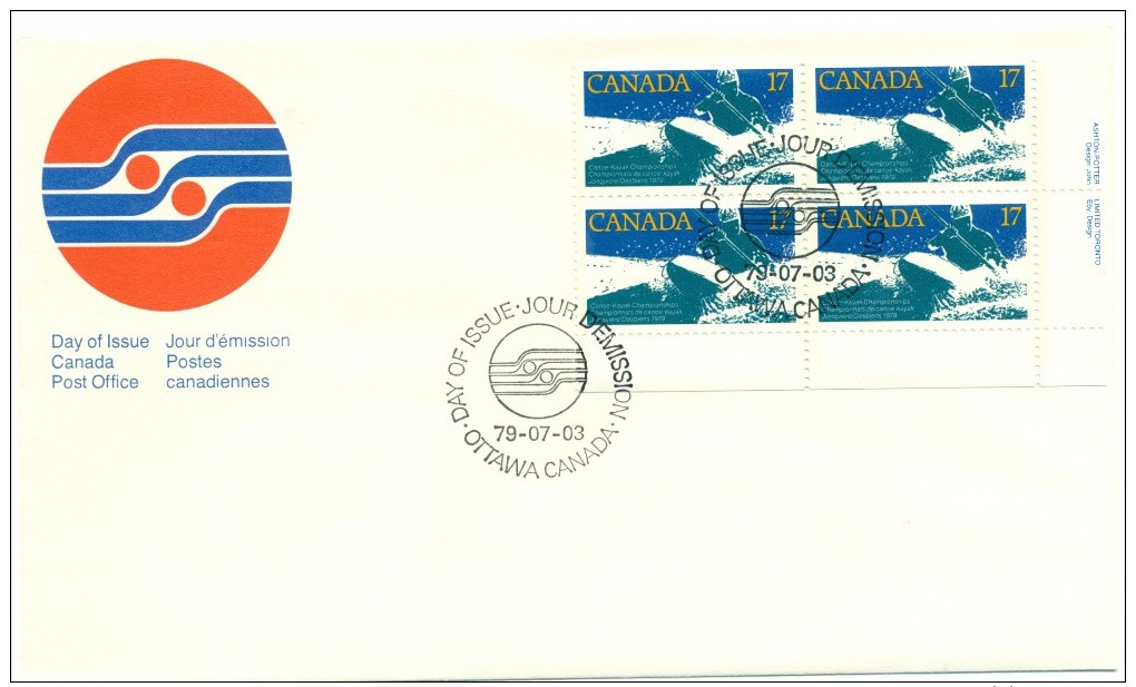 1979 Canada Canoe-Kayak Championships 17c Plate Block First Day Cover - 1971-1980