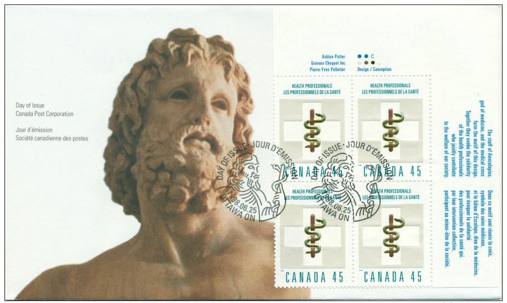 1998 Canada Health Professionals 45c Plate Block First Day Cover - 1991-2000