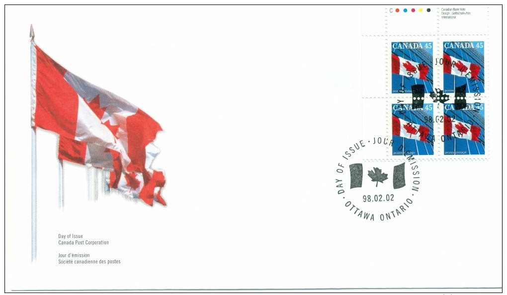 1998 Canada 45c Plate Block First Day Cover - 1991-2000