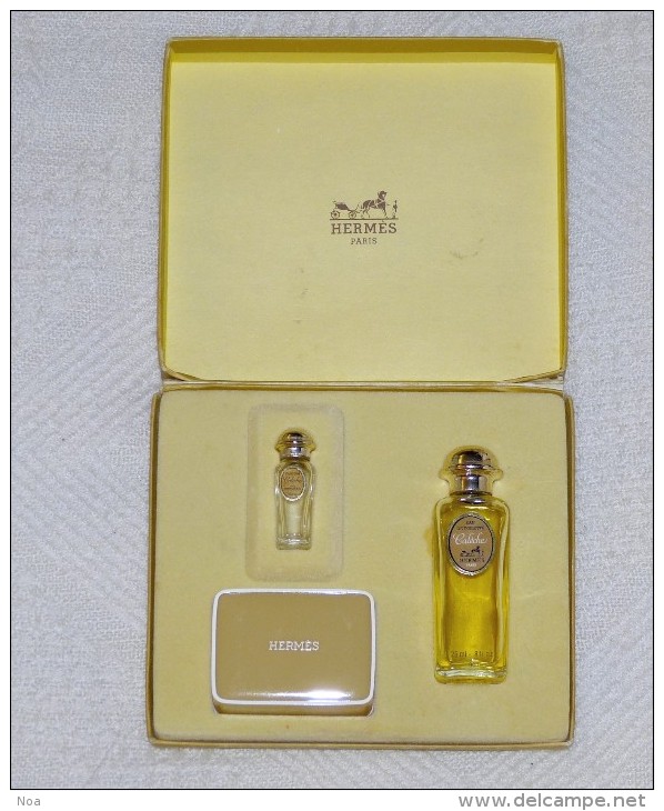 Ancien Rare Coffret Vintage «Calèche» Miniatures : Parfum, Eau De Toilette Et Savon «Hermès» Paris Au Contenu Partiel - Miniature Bottles (in Box)