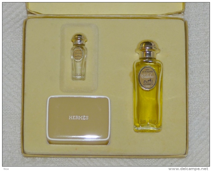 Ancien Rare Coffret Vintage «Calèche» Miniatures : Parfum, Eau De Toilette Et Savon «Hermès» Paris Au Contenu Partiel - Mignon Di Profumo (con Box)