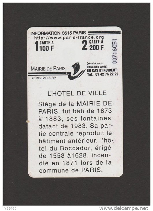 CARTE  DE  STATIONNEMENT  Pour  HORODATEUR - L'HÔTEL DE VILLE - Mairie De PARIS - N° 00716C51 -  2 Scannes. - Scontrini Di Parcheggio