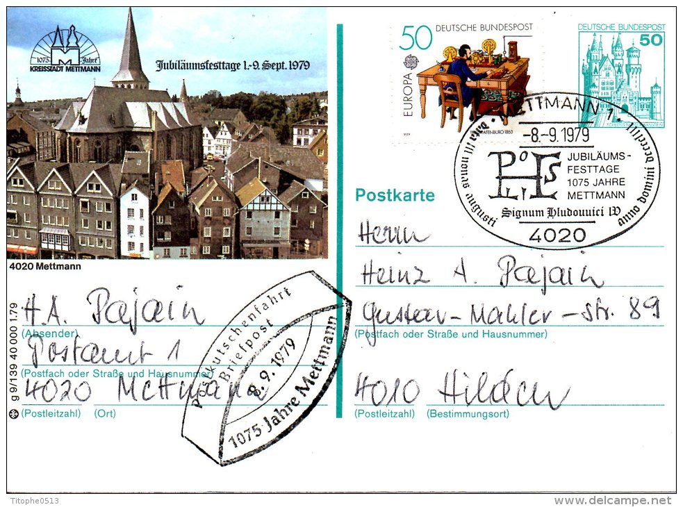 ALLEMAGNE. Carte Pré-timbrée Avec Oblitération De 1979. Mettmann. - Cartes Postales Illustrées - Oblitérées