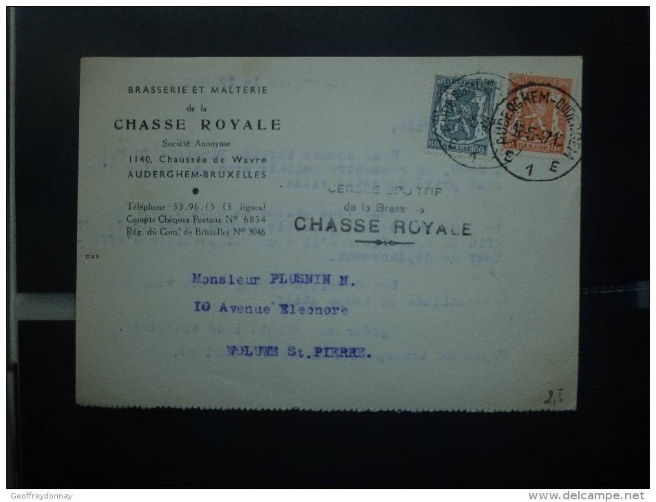 Carte Brasserie Chasse Royale Cachet Auderghem 1947 - Cafés, Hôtels, Restaurants