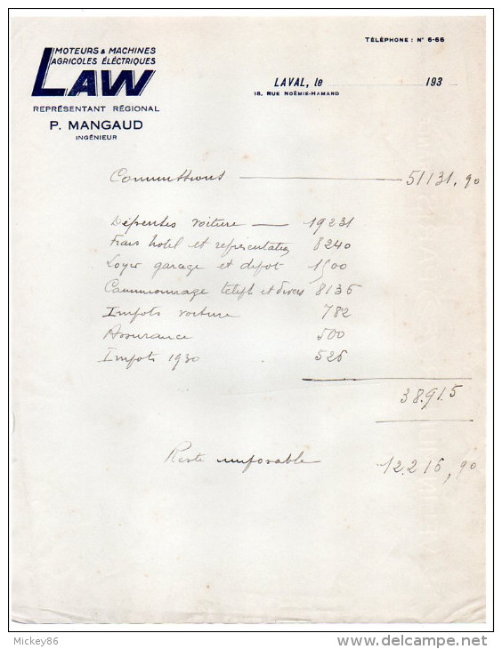 Env 1930--LAVAL-53--Moteurs Et Machines Agricoles électriques  LAW--Lettre Manuscrite à En-tête - 1900 – 1949