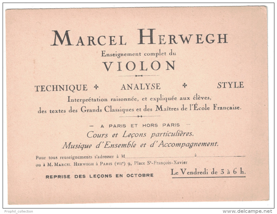 Paris / France - CARTE De VISITE De Marcel HERWEGH Enseignement Musique Violon Cours Et Leçons Particulieres Paris 9eme - Cartes De Visite