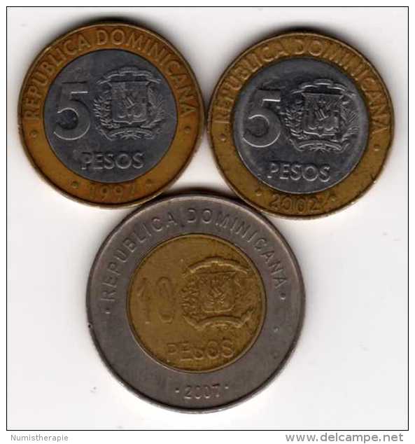 Dominica : Lot De 3 Pièces BIMETAL : 5 Pesos 1997+2002 & 10 Pesos 2007 - Dominicaine