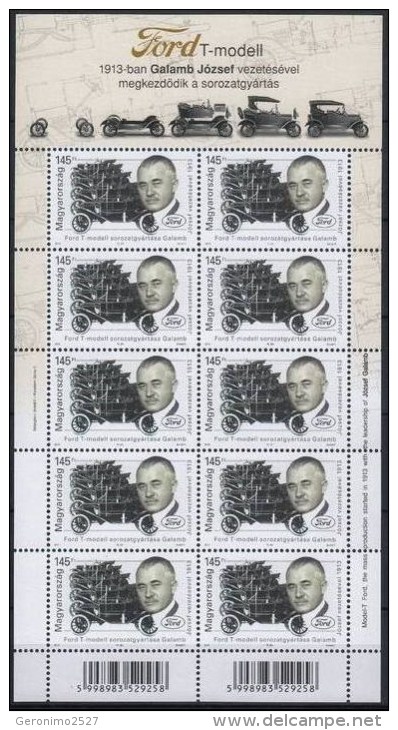 HUNGARY 2013 PEOPLE Cars Ford JOZSEF GALAMB - Fine Sheet MNH - Unused Stamps