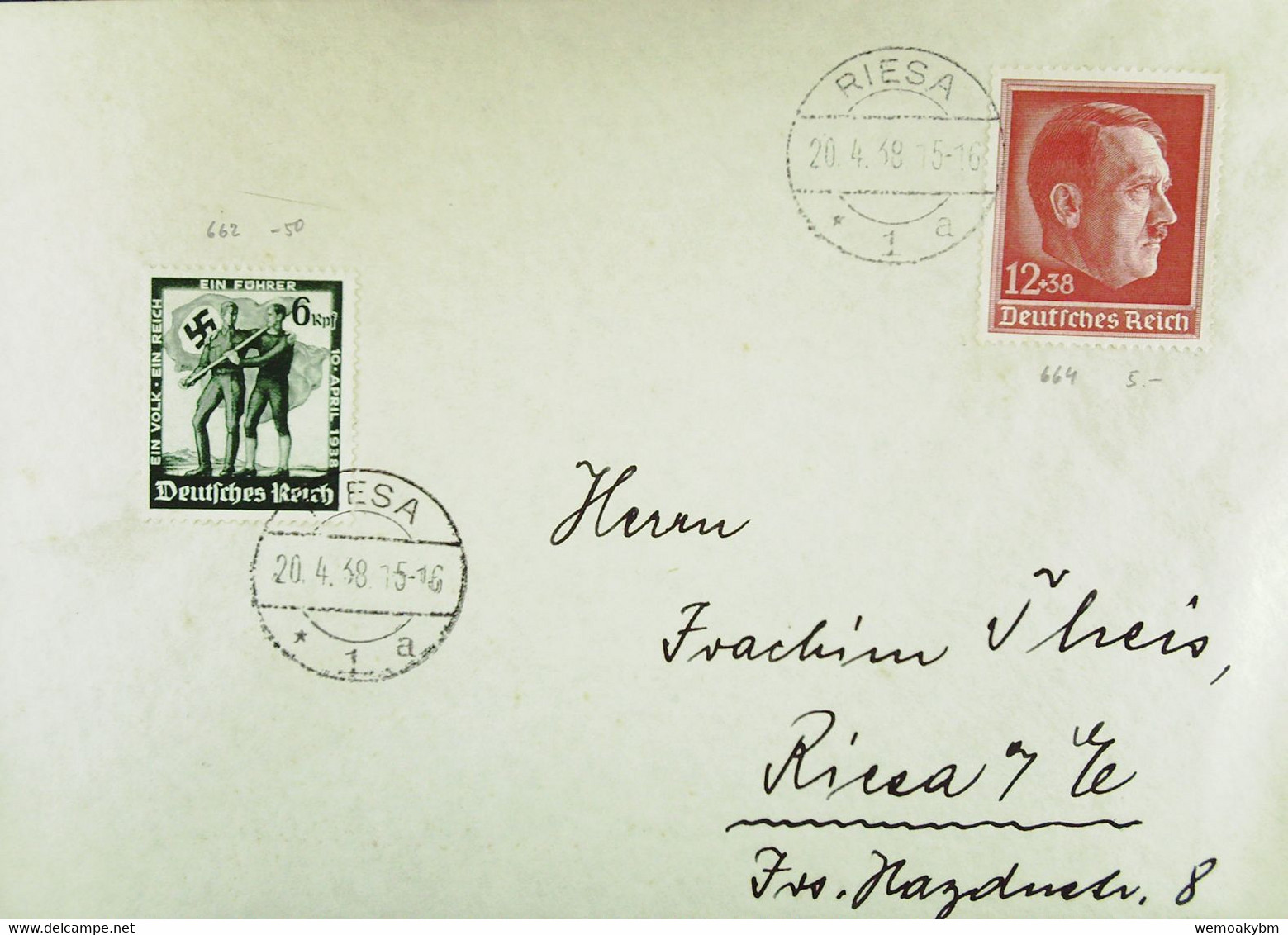 DR 33-45: Orts-Doppel-Brief 12+38 Pfg "Geburtstag 1938" Vom 20.4.38 Aus RIESA MiF Knr: 664, 662 - Briefe U. Dokumente