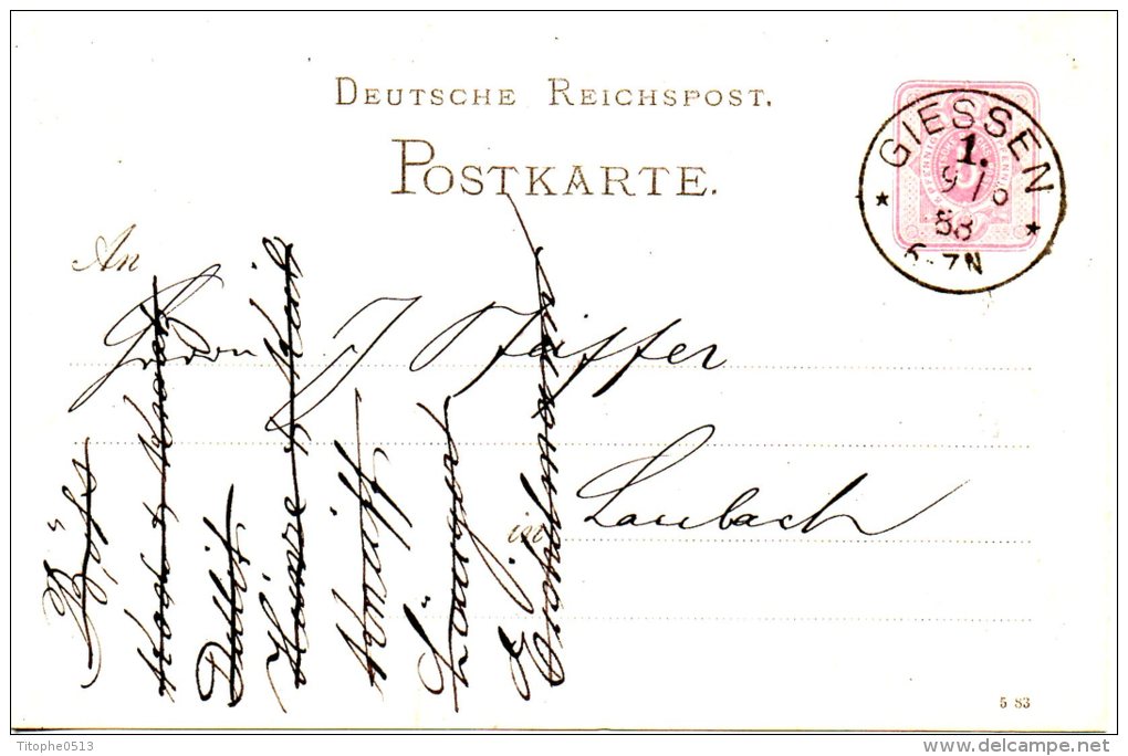 ALLEMAGNE. Carte Pré-timbrée Du N°37 Ayant Circulé En 1883. Oblitération : Giessen. - Briefe U. Dokumente