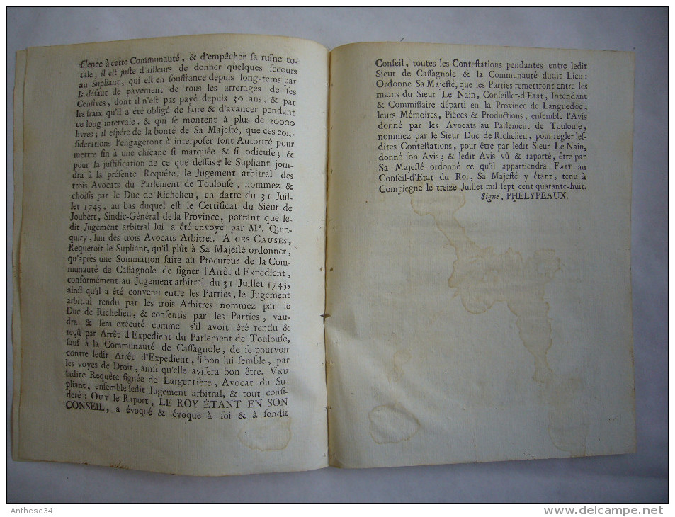 Arrêt Du Conseil D'état Du Roi 1748 Languedoc Mr De Cassagnole Paiement Des Censives Signé Phelypeaux - Décrets & Lois