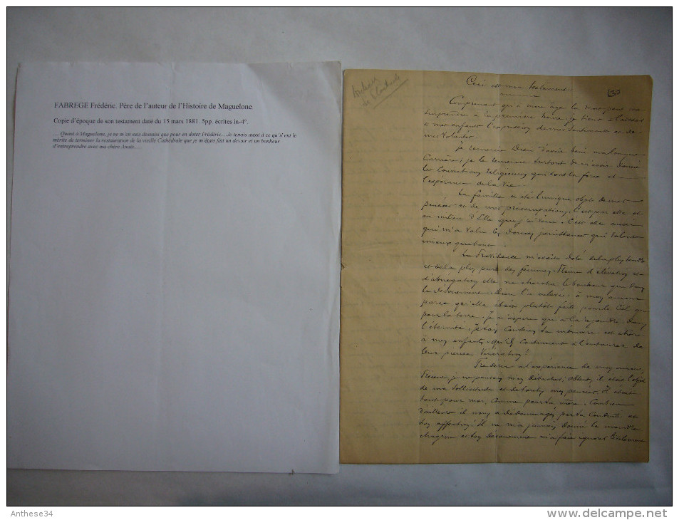 Testament De Fabrèges Frédéric Avocat Né à Montpellier Rédigé En 1881 Consacre Sa Fortune à Restaurer Cathédrale - Manuscrits