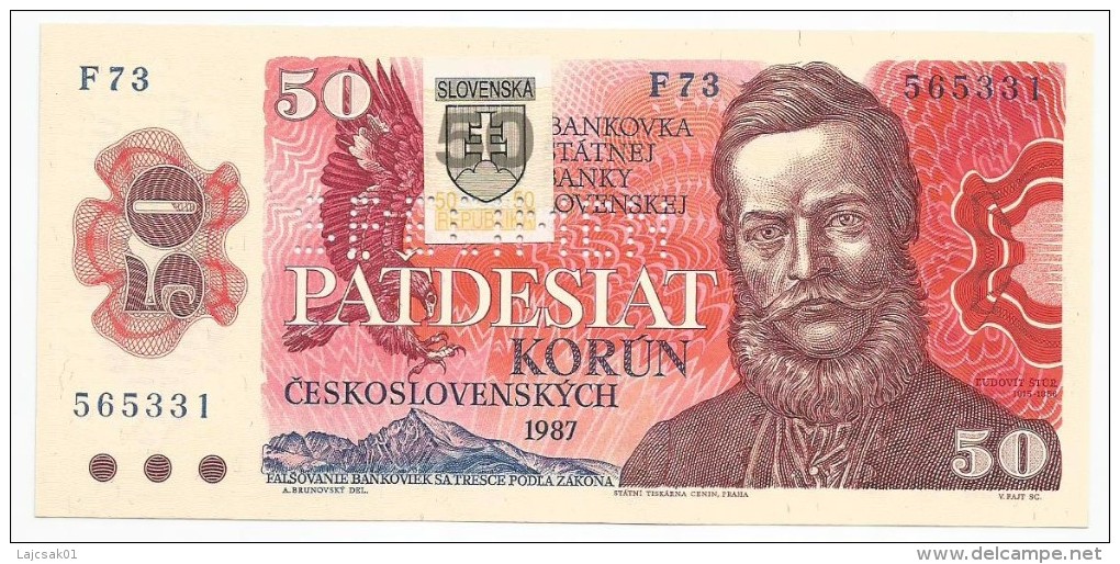 Slovakia 50 Korun ND With Adhesive Stamp Old Date 1987 New 1993 SPECIMEN Perforated UNC - Eslovaquia