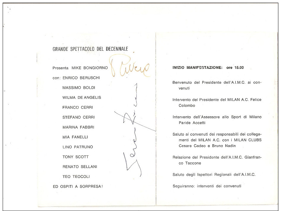 DECENNALE DELL'ASSOCIAZIONE ITALIANA MILAN CLUBS -PROGRAMMA MILANO 19 NOVEMBRE 1977 - Autografi