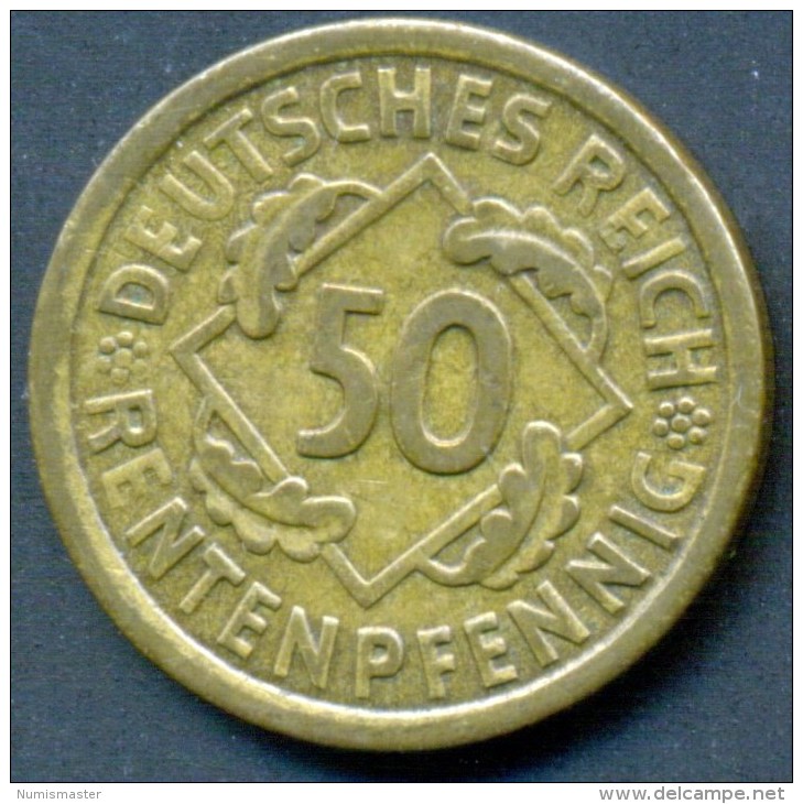 GERMANY 50 RENTENPFENNIG1924 A , UNCLEANED COIN - 50 Rentenpfennig & 50 Reichspfennig